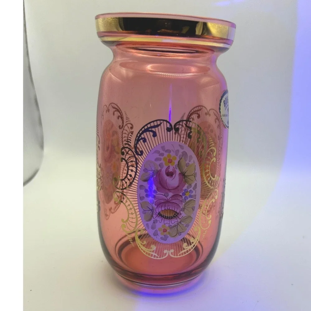 Vintage Bohemian‎ Cranberry Glass Vase Hand Painted Enamel Gold Czech Crystalex